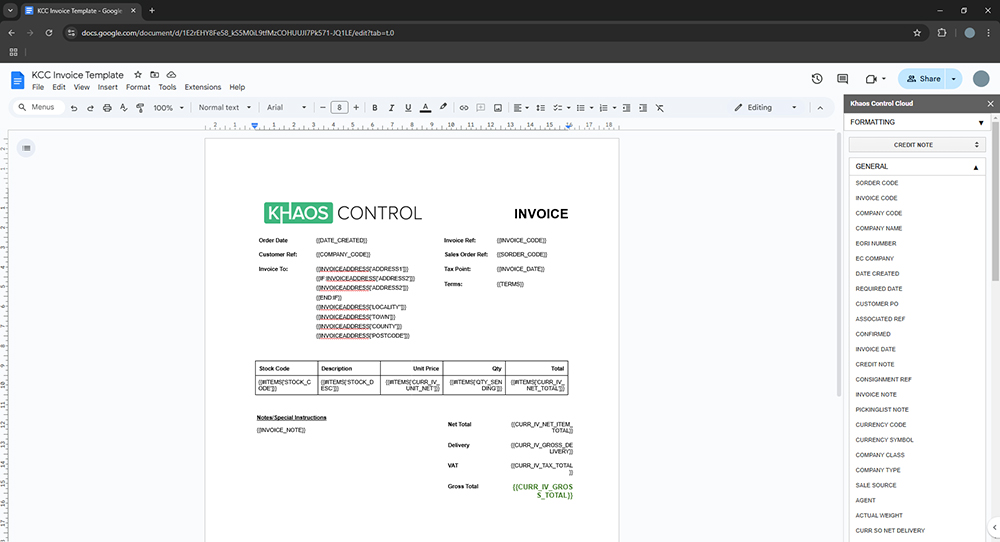 A screenshot of Google Docs™ with the Khaos Control Cloud Add-on sidebar enabled